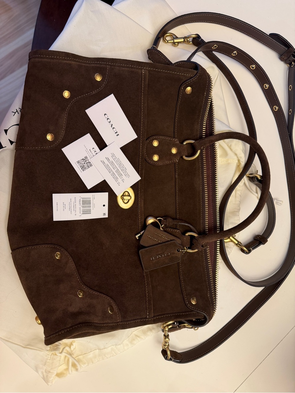 NWT Coach Dark Chocolate Suede Rhyder Satchel